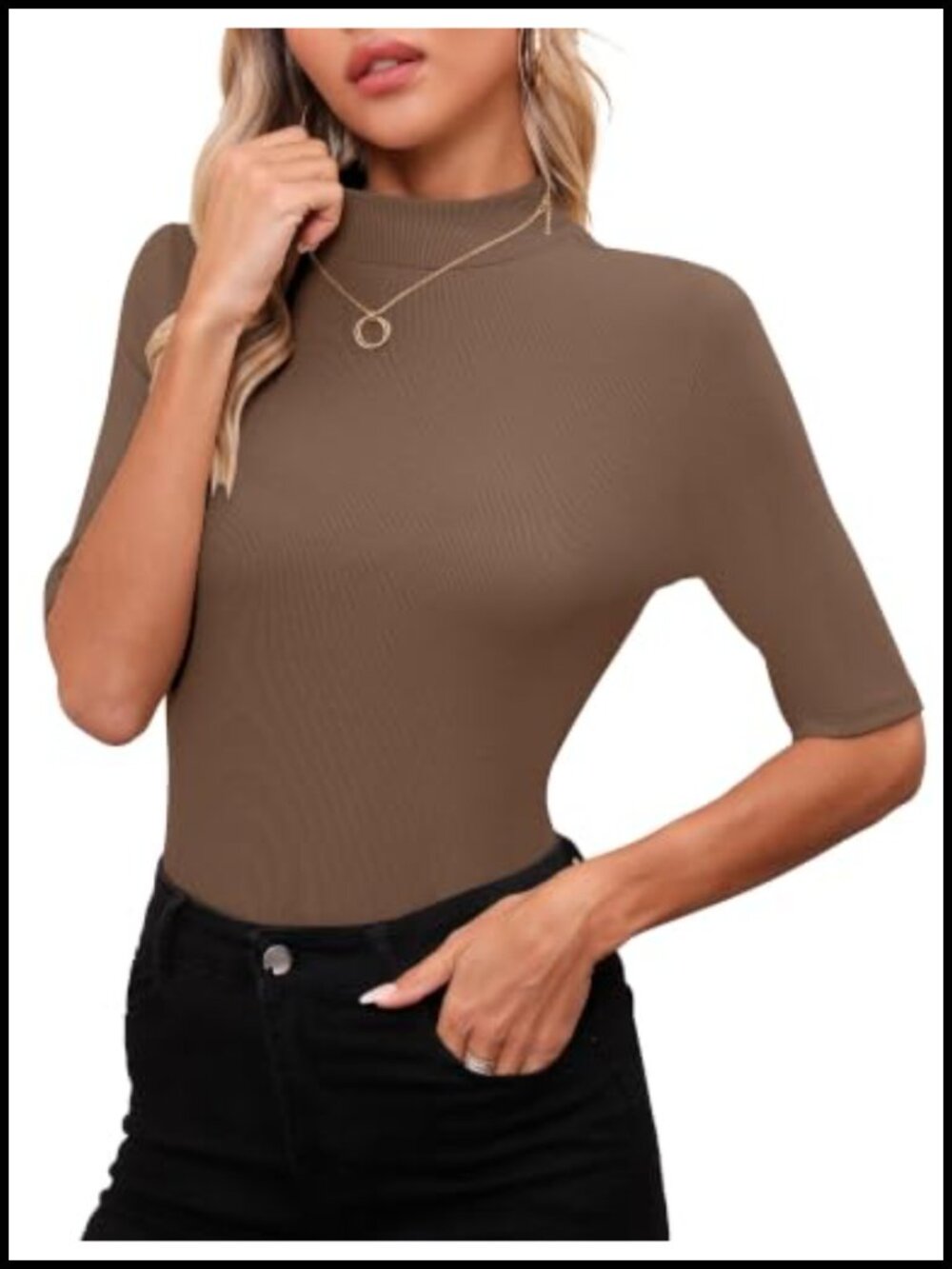 Women's Mock Neck Short Sleeve Ribbed Knit Tee Business Casual Fitted T-Shirt